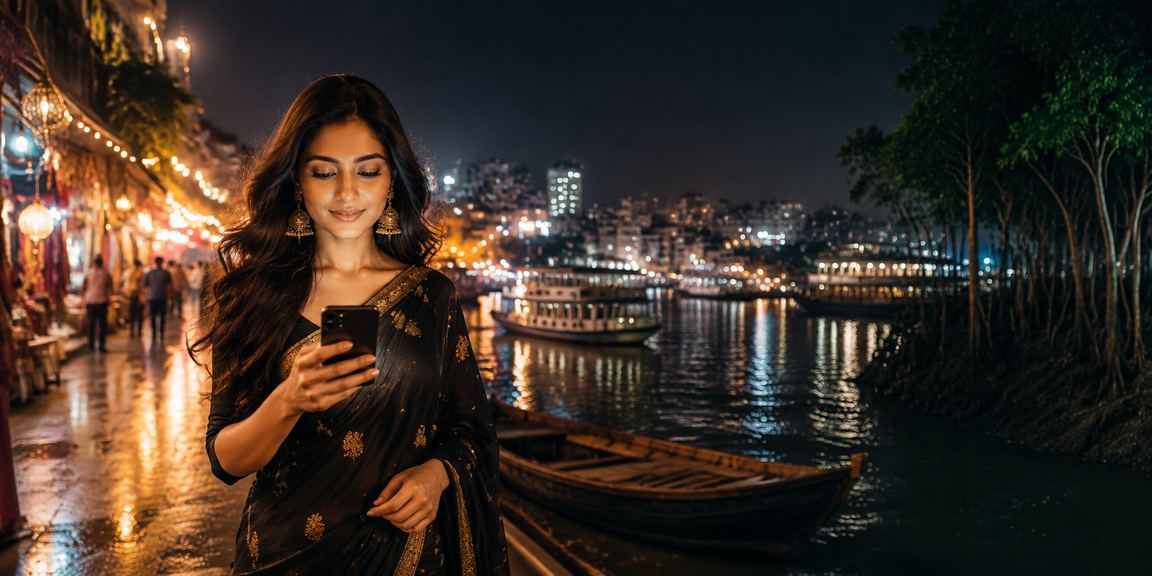 ঢাকার নাইট মার্কেটে মোবাইল গেমিং উপভোগ করছেন একজন ব্যবহারকারী